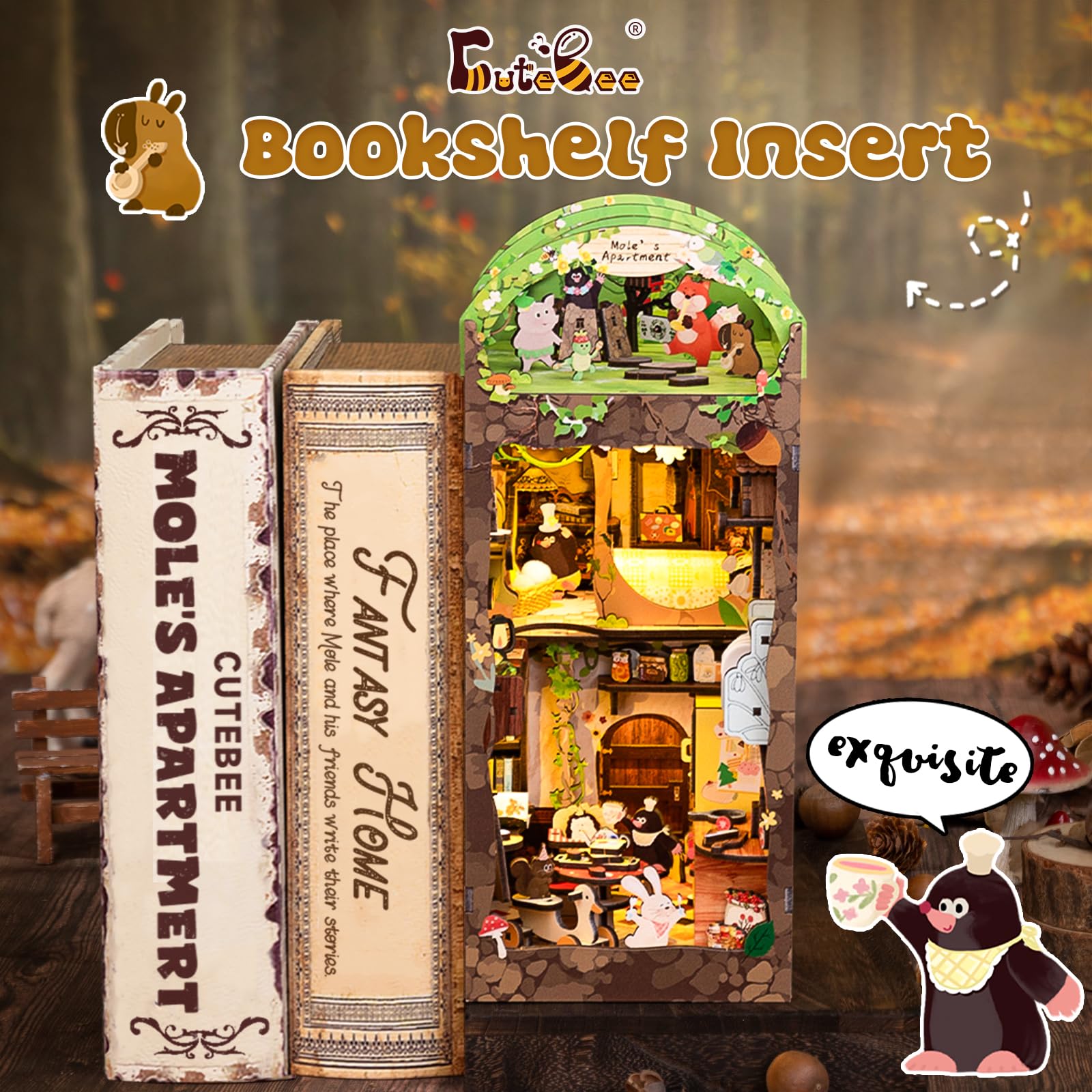 CUTEBEE Book Nook Kit miniature interior close-up reveals fine woodworking