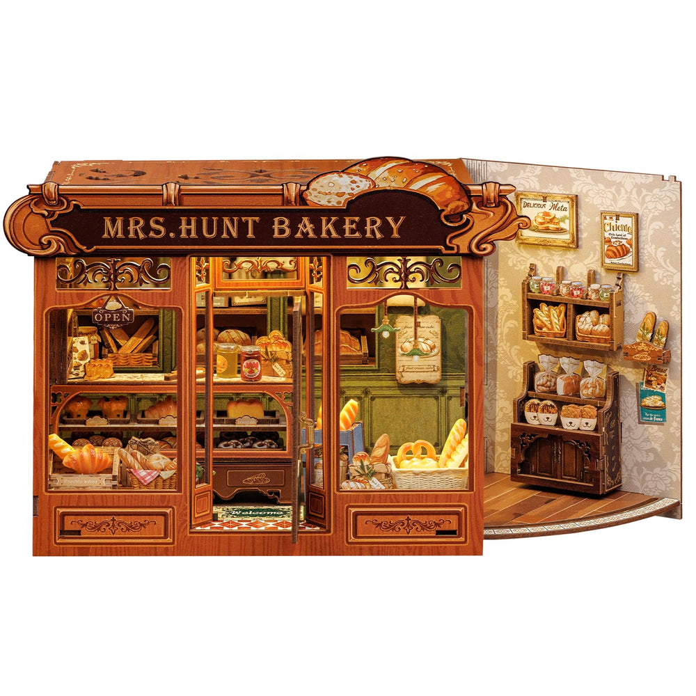 CUTEBEE Book Nook Kit front view with Mrs.Hunt Bakery for warm shelf decor.