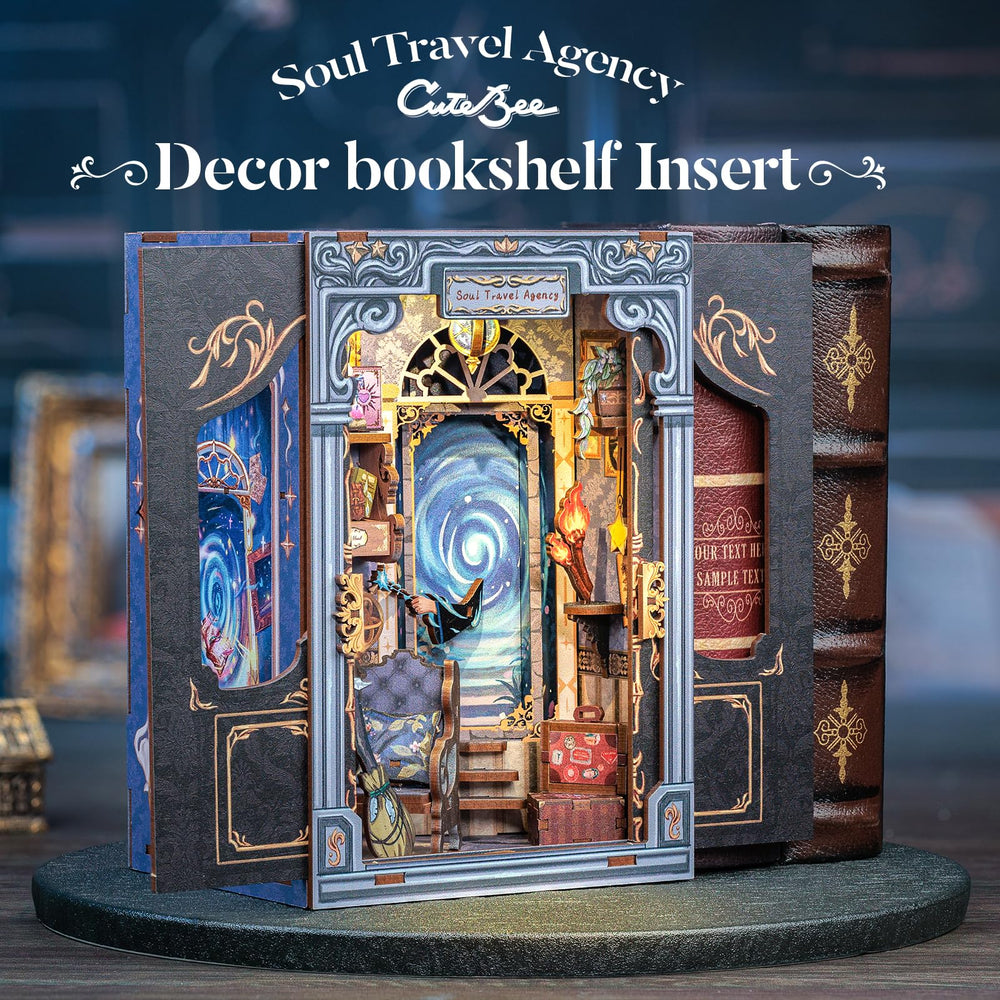 CUTEBEE Book Nook Kit room decor desk display enhances stylish shelving with cozy glow.