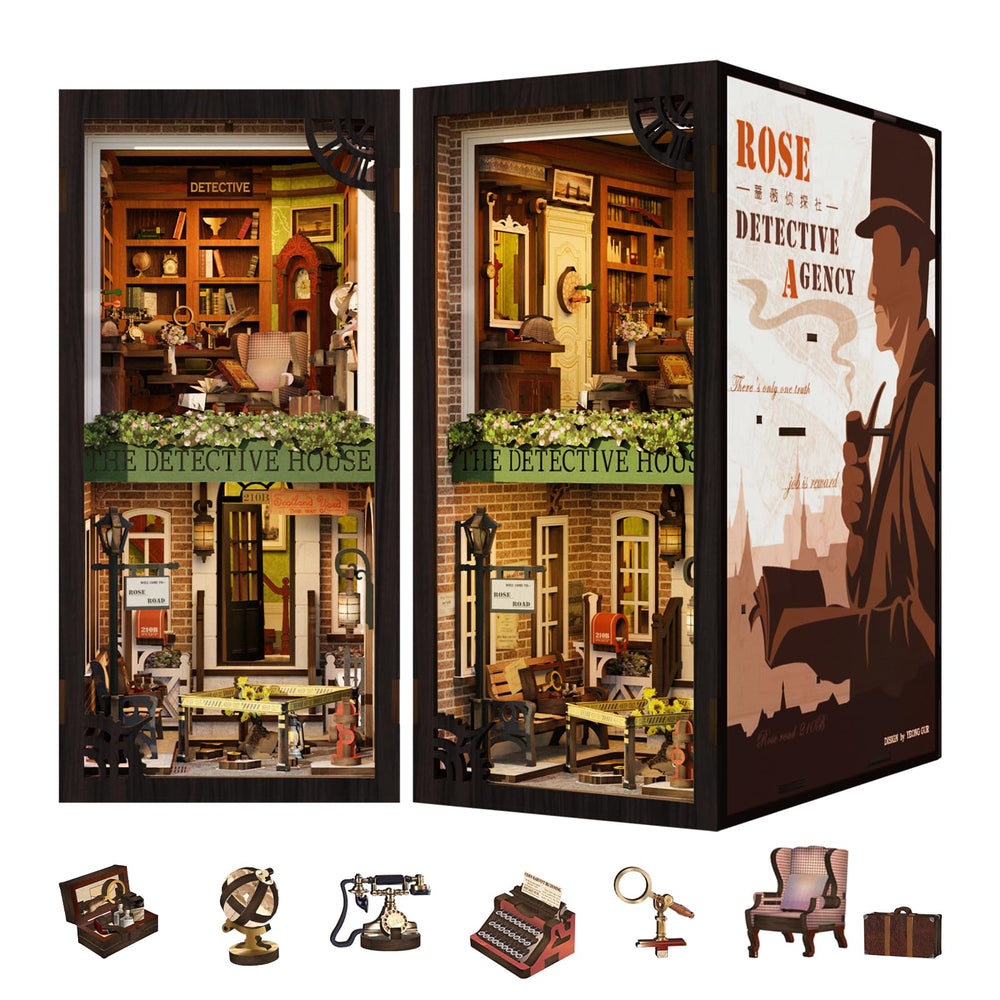 CUTEBEE Book Nook Kit Rose Detective Agency scene with cozy glow