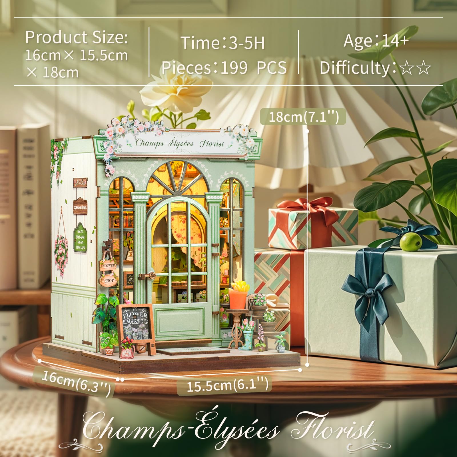 CUTEBEE Book Nook Kit side view showing detailed façade and natural color palette