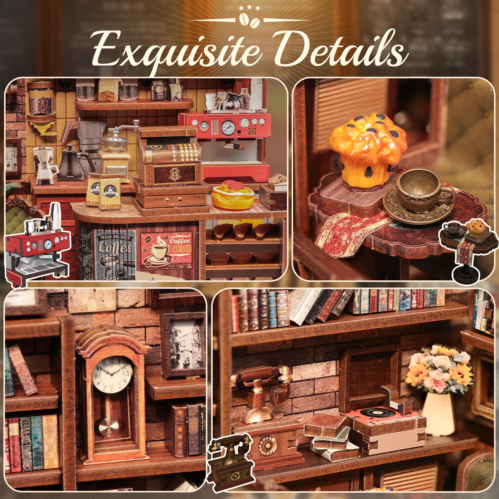 CUTEBEE Book Nook Kit wall art details create nostalgic vibe.