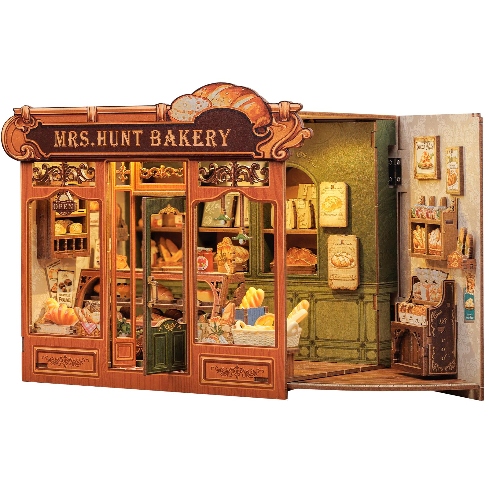 CUTEBEE Book Nook Mrs.Hunt Bakery front view with cozy LED glow for shelves