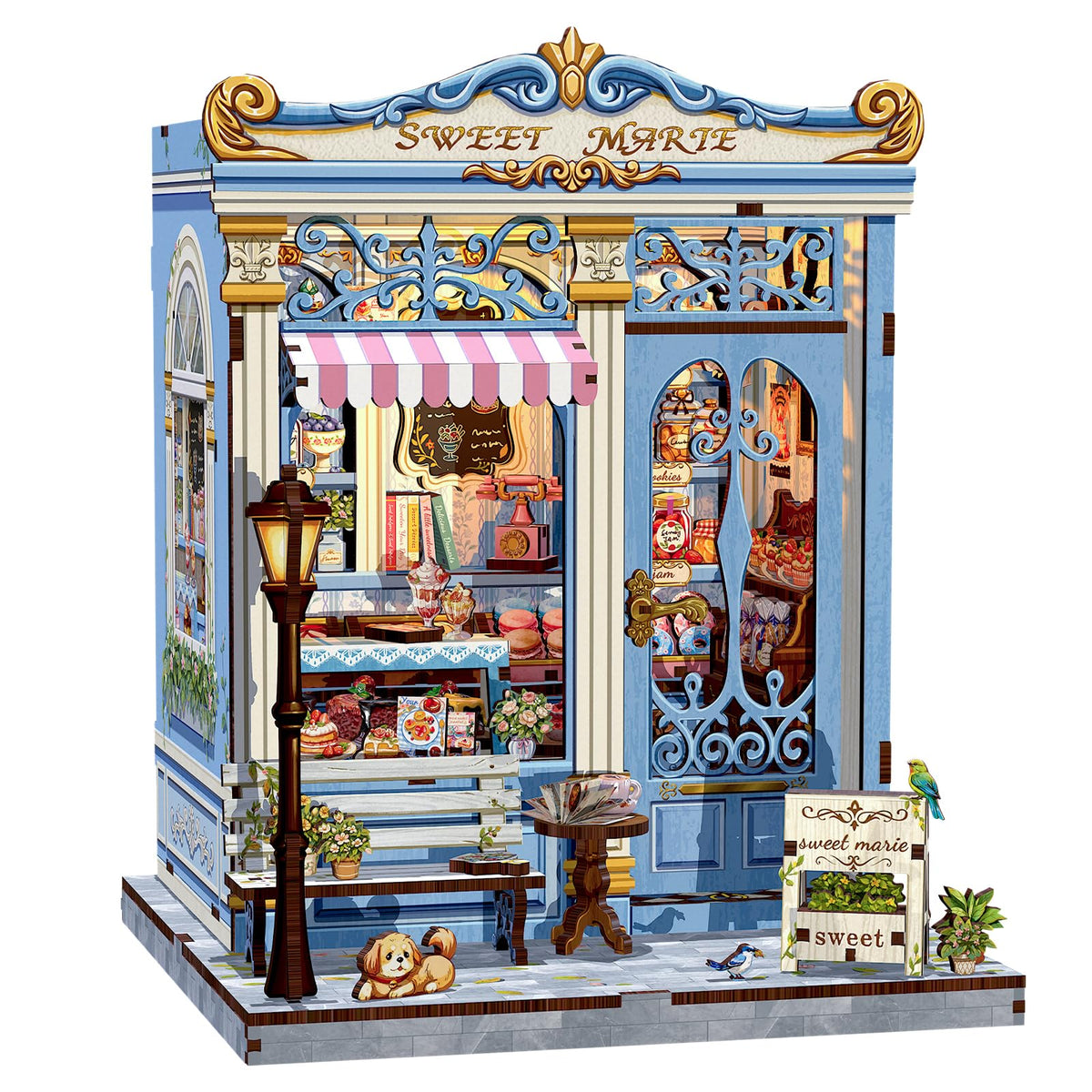 Cutebee Book Nook Sweet Marie blue dessert shop exterior adds charming shelf decor.