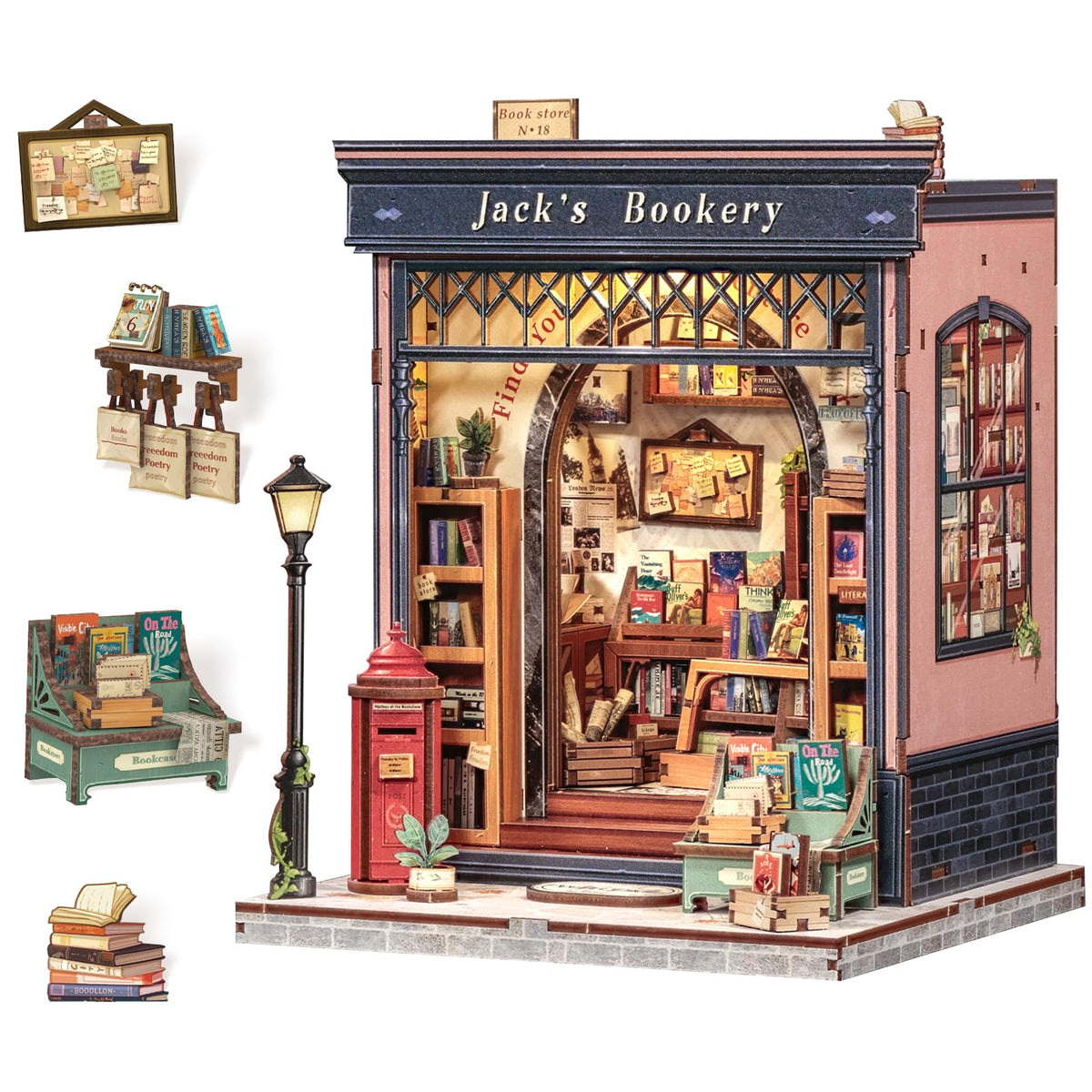 CUTEBEE Book Nook Kit wood dollhouse during assembly on a work table.