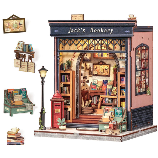 CUTEBEE Book Nook Kit wood dollhouse during assembly on a work table.