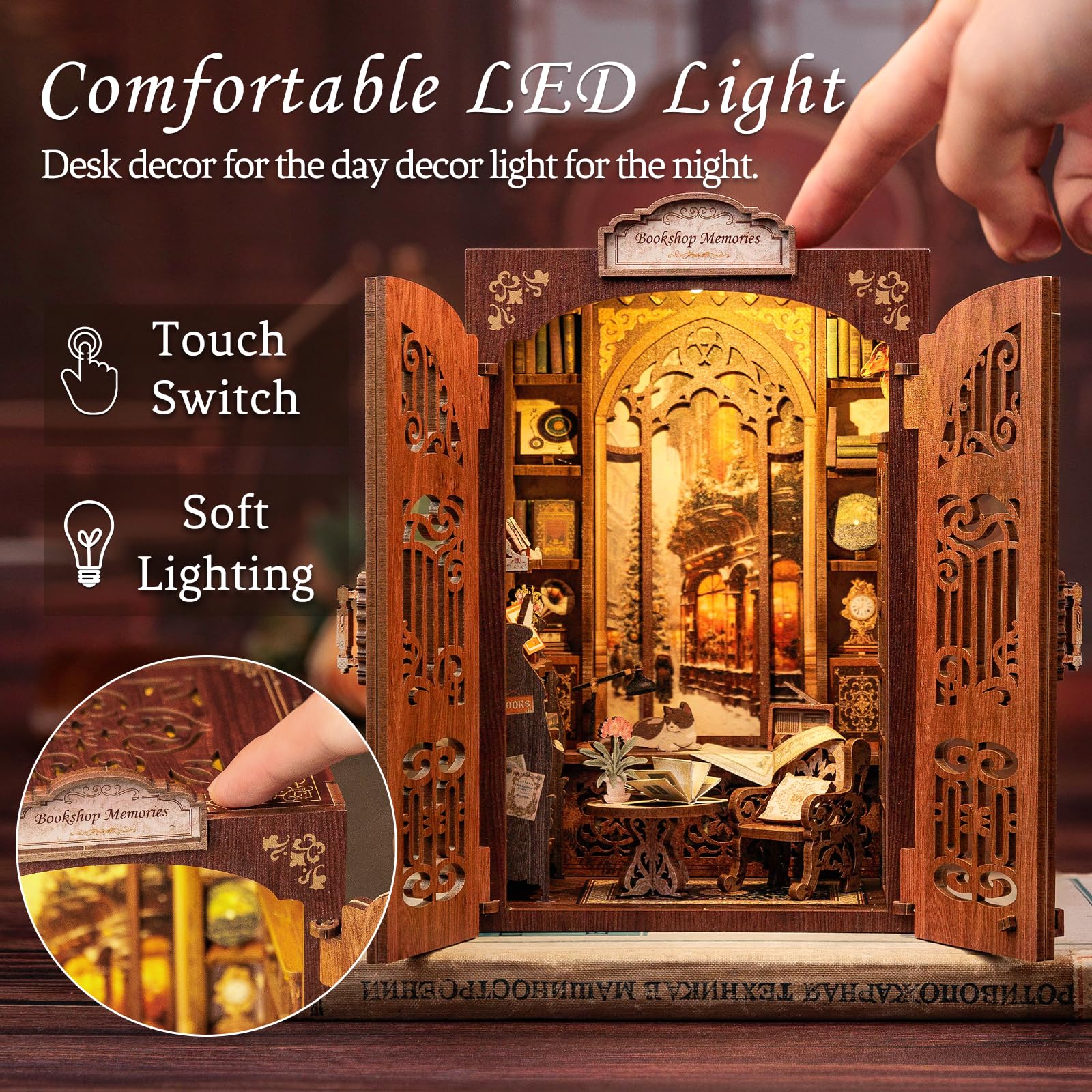 CUTEBEE Book Nook with LED light brightens the miniature library at night.