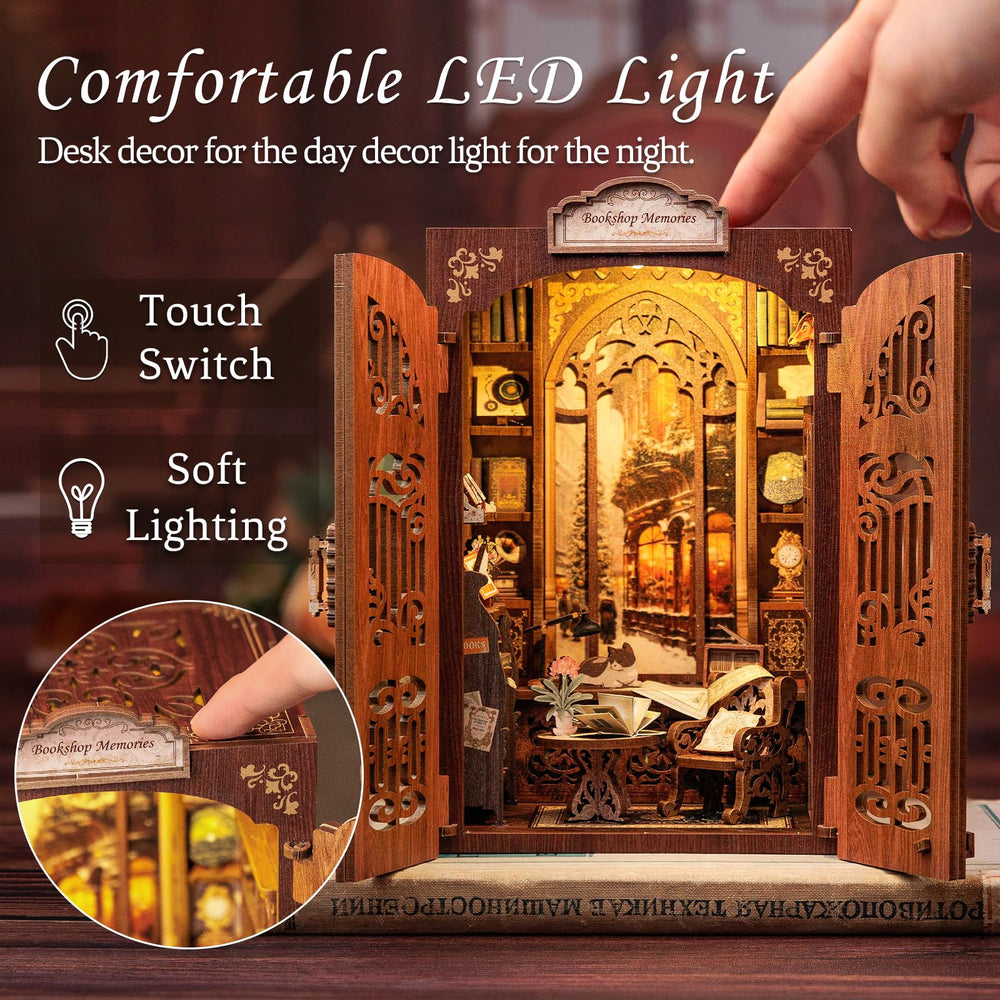 CUTEBEE Book Nook with LED light brightens the miniature library at night.