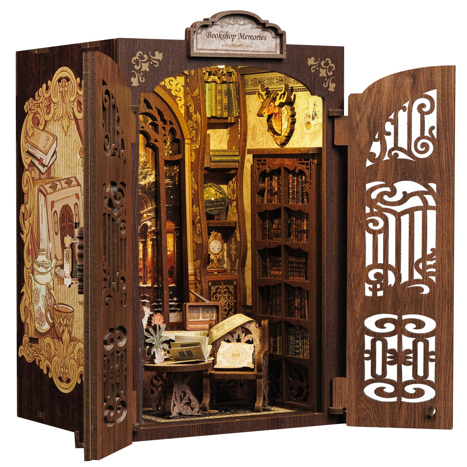 CUTEBEE Book Nook Library shelves with world books for a cozy reading corner.