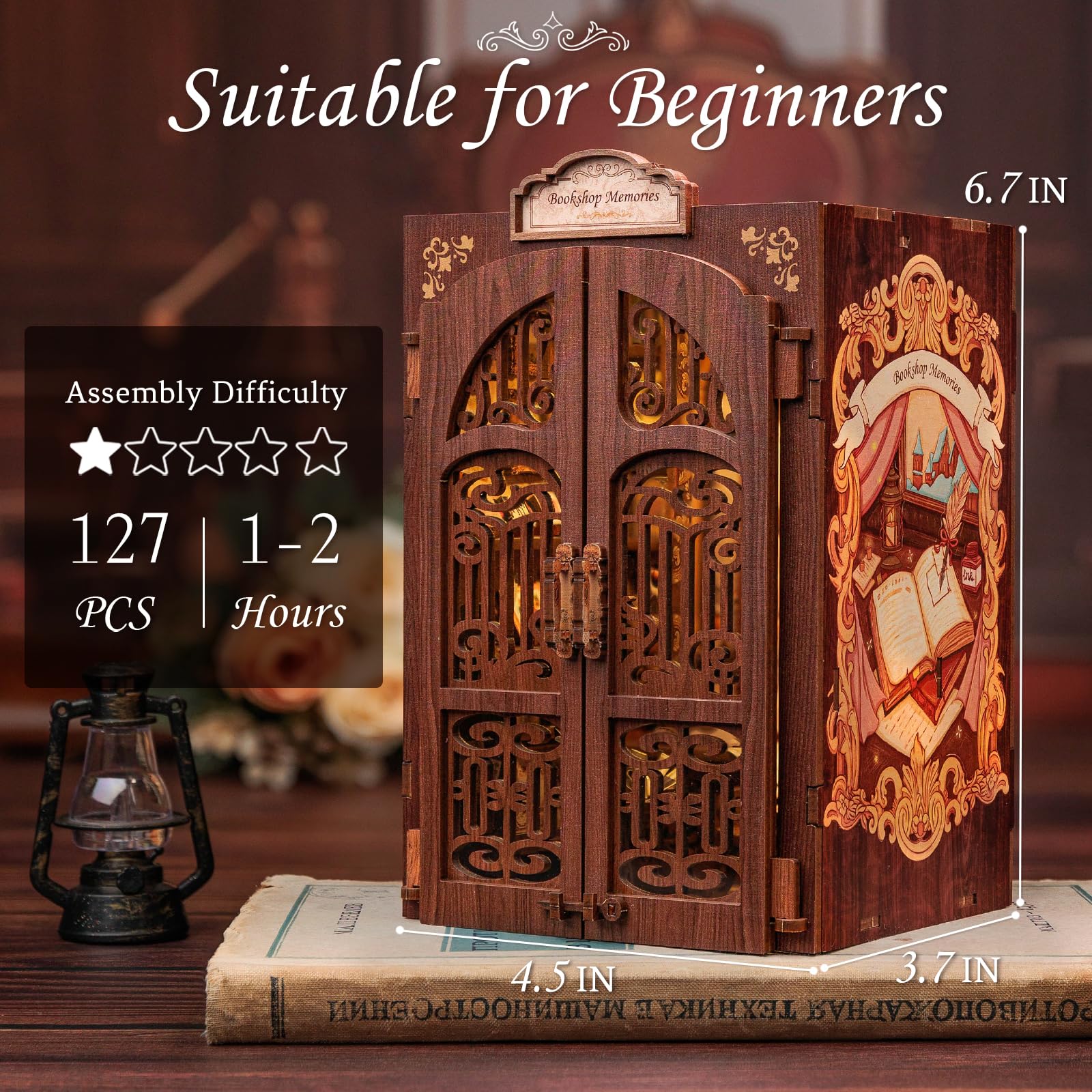 CUTEBEE Cat figure adds whimsy to the library scene.