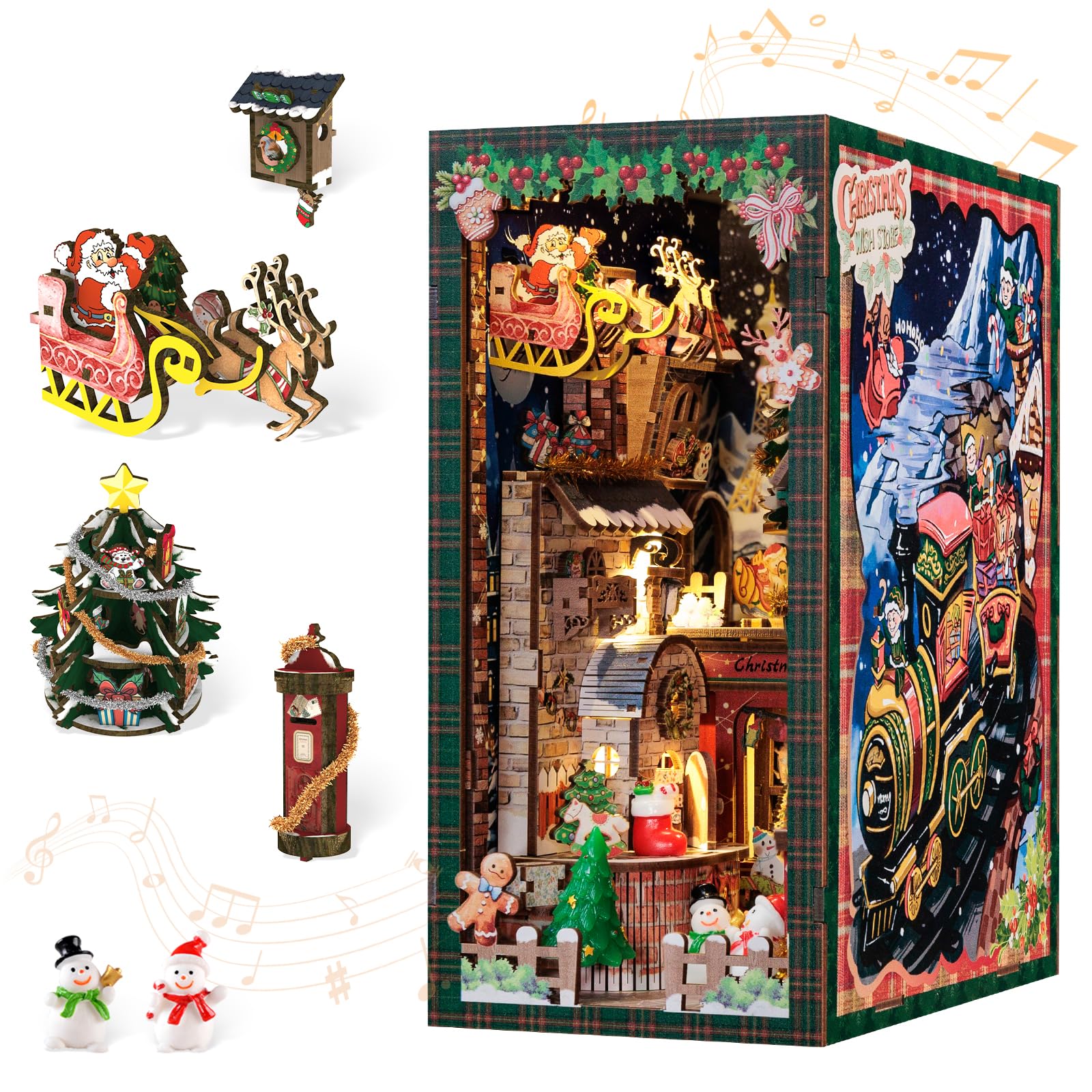 CUTEBEE Christmas Book Nook Kit overview on a bookshelf, inviting cozy holiday ambiance