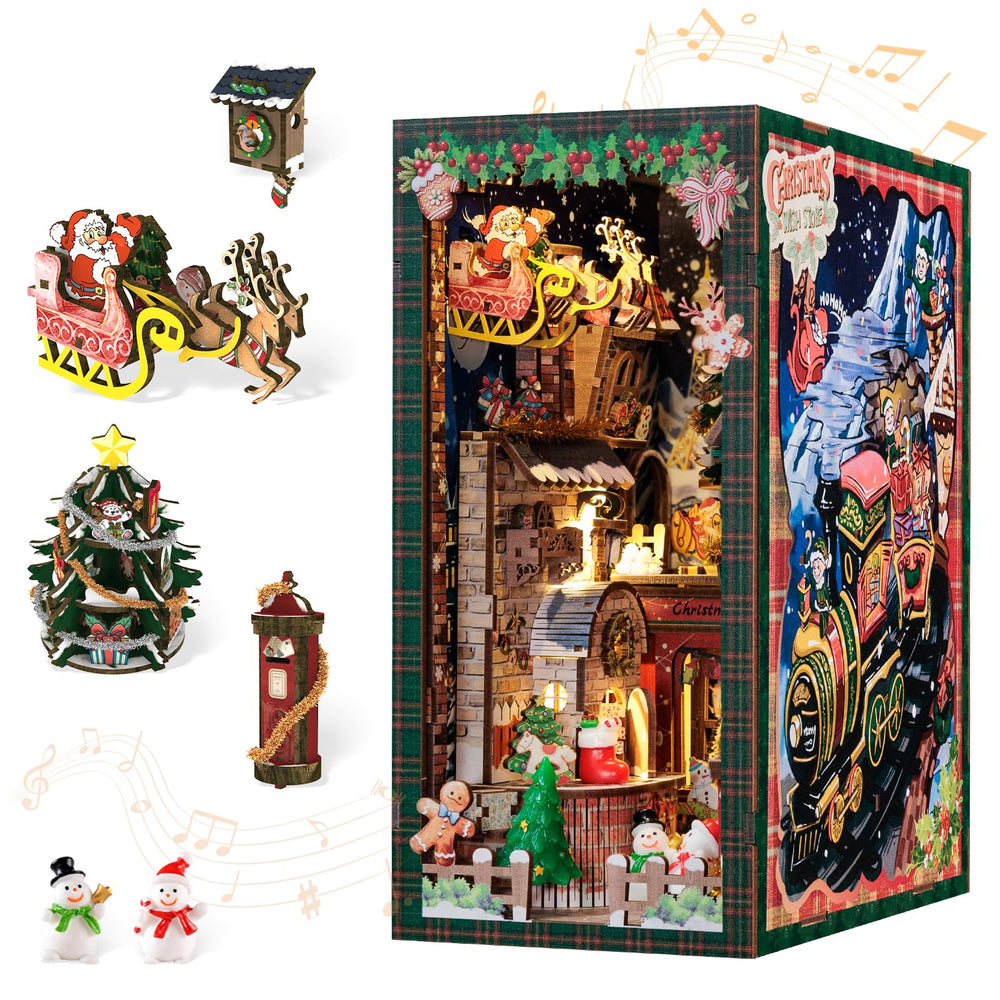 CUTEBEE Christmas Book Nook Kit overview on a bookshelf, inviting cozy holiday ambiance
