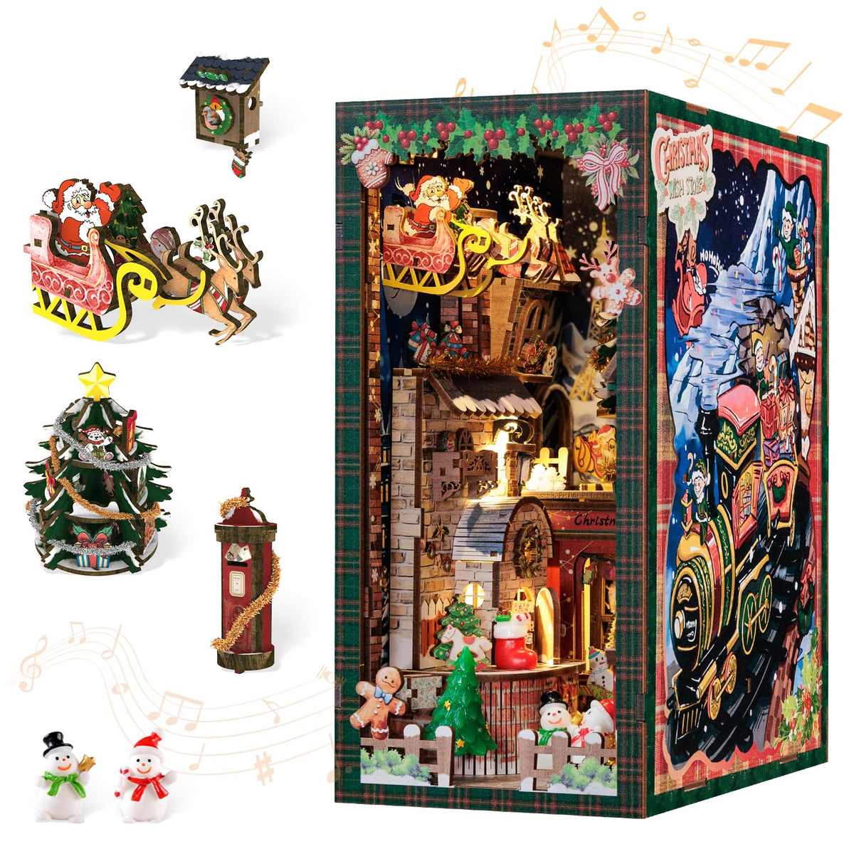 CUTEBEE Christmas Book Nook Kit overview on a bookshelf, inviting cozy holiday ambiance