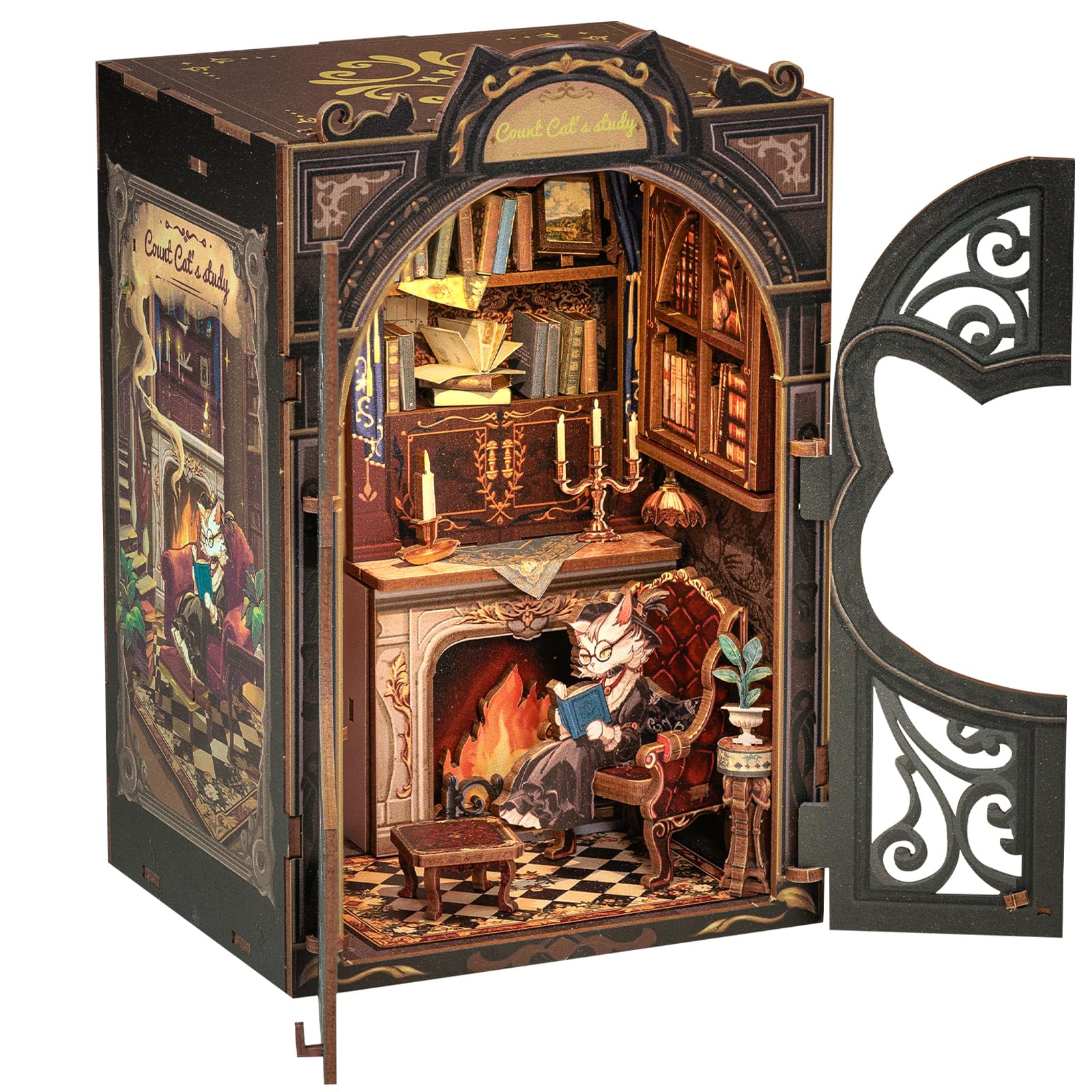 CUTEBEE Count Cat's Study book nook, front view, adds cozy ambience to your shelf.