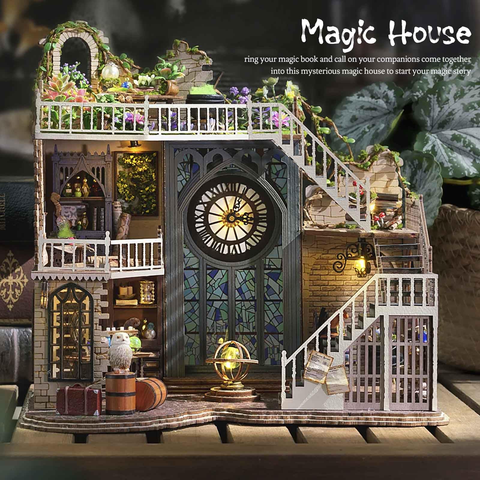 Cutebee DIY Dollhouse Kit side view highlights compact, elegant shelf-ready craft.