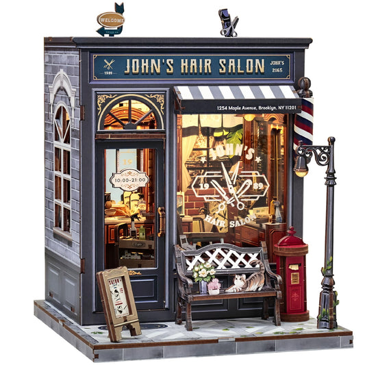 CUTEBEE John's Hair Salon Book Nook front view with retro design for display