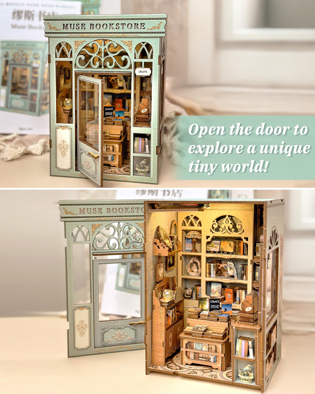 CUTEBEE miniature bookstore shelves highlight precise laser-cut detailing for realism.