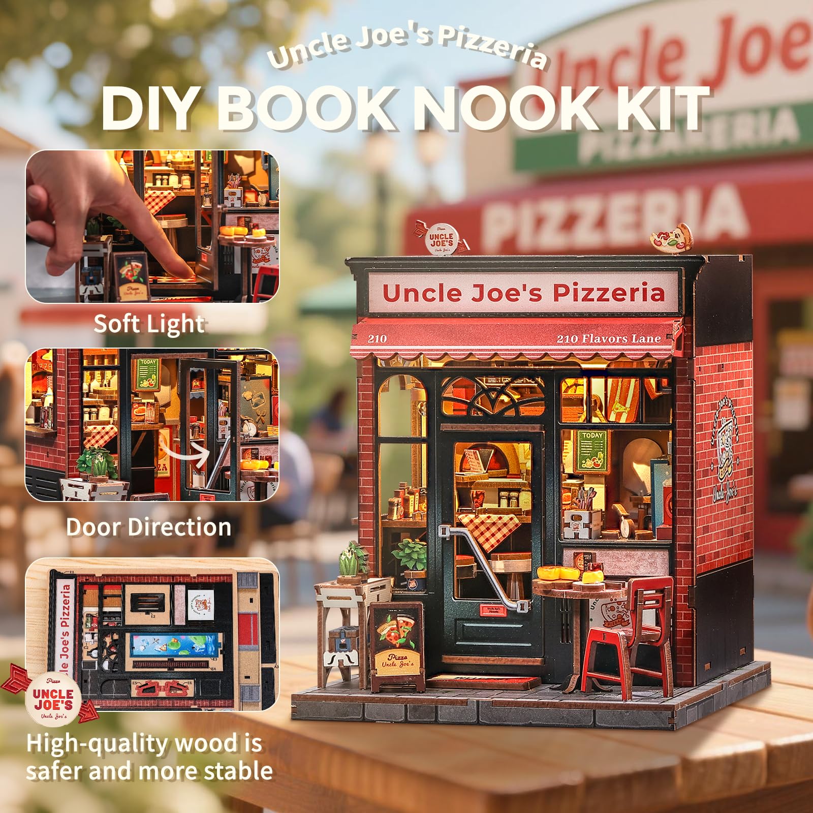 CUTEBEE miniature pizza shop wood puzzle components arranged for assembly