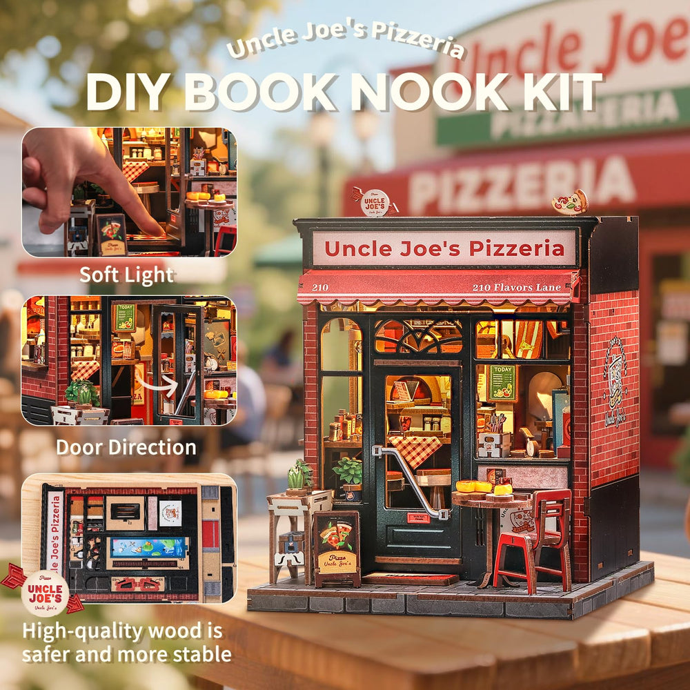 CUTEBEE miniature pizza shop wood puzzle components arranged for assembly
