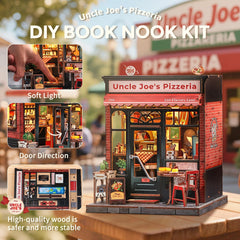 CUTEBEE miniature pizza shop wood puzzle components arranged for assembly