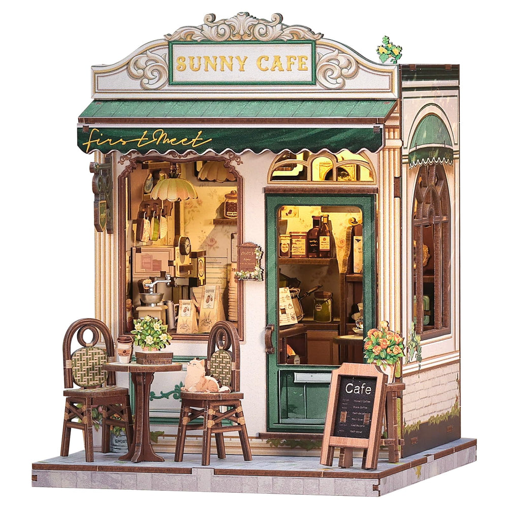 CUTEBEE Sunny Cafe book nook kit cover showcases a cozy miniature storefront for desk decor.