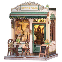 CUTEBEE Sunny Cafe book nook kit cover showcases a cozy miniature storefront for desk decor.