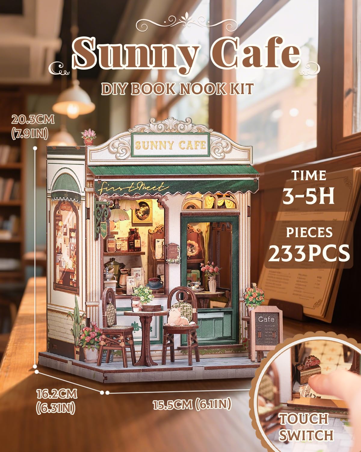 CUTEBEE Sunny Cafe interior detail highlights tiny shelves for shelf styling inspiration.