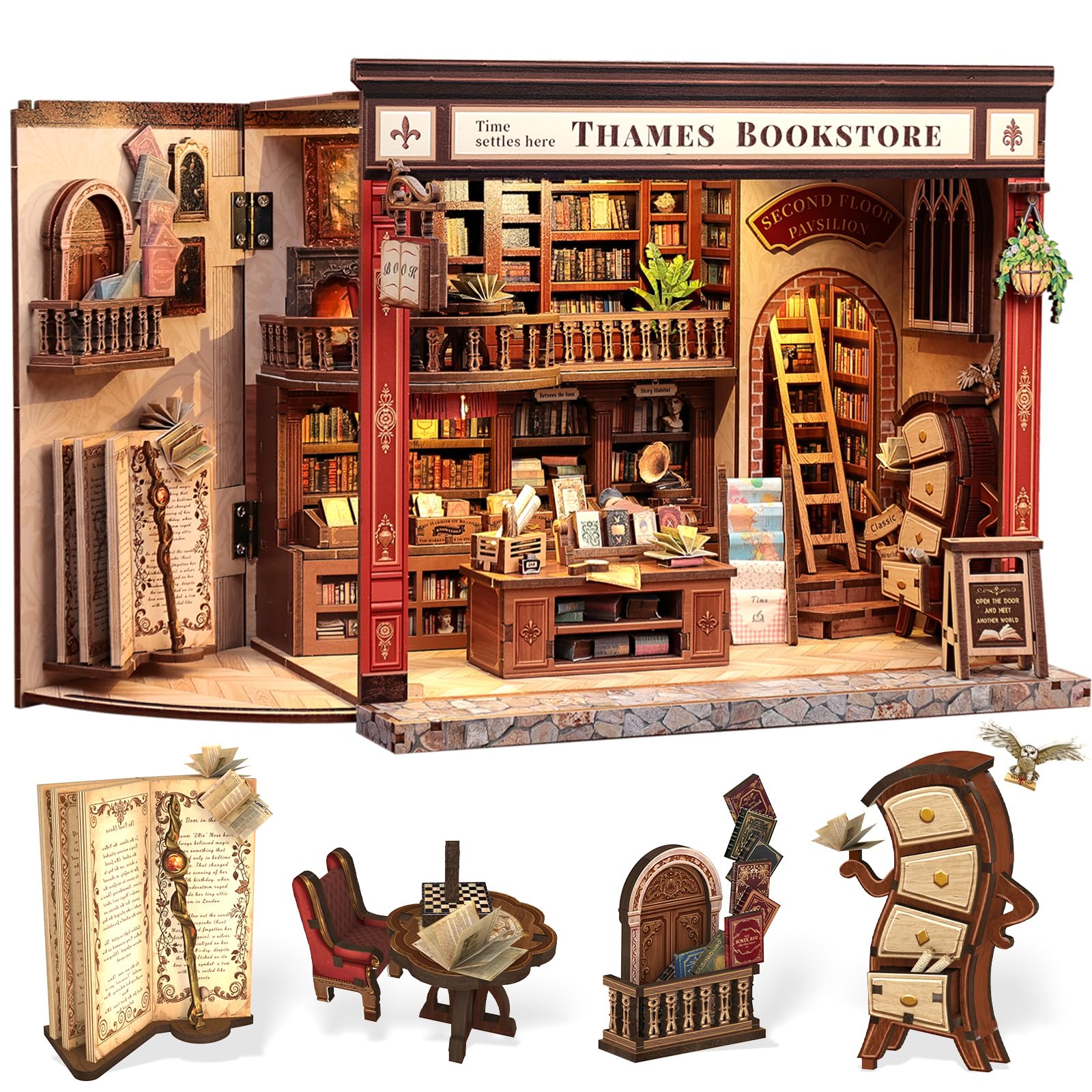 CUTEBEE Thames Bookstore Kit exterior front view shows vintage brick facade for cozy shelf decor.