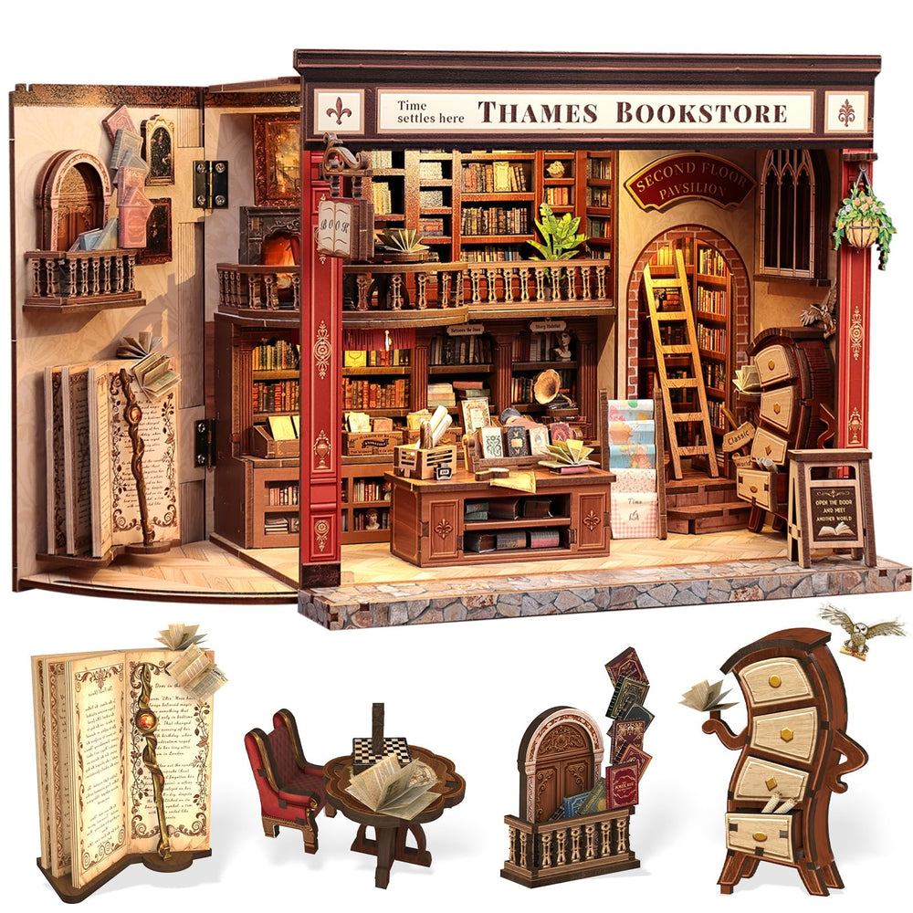 CUTEBEE Thames Bookstore Kit exterior front view shows vintage brick facade for cozy shelf decor.