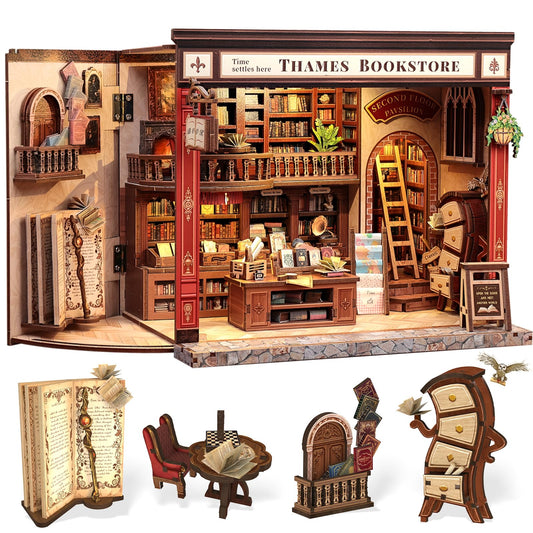CUTEBEE Thames Bookstore Kit exterior front view shows vintage brick facade for cozy shelf decor.