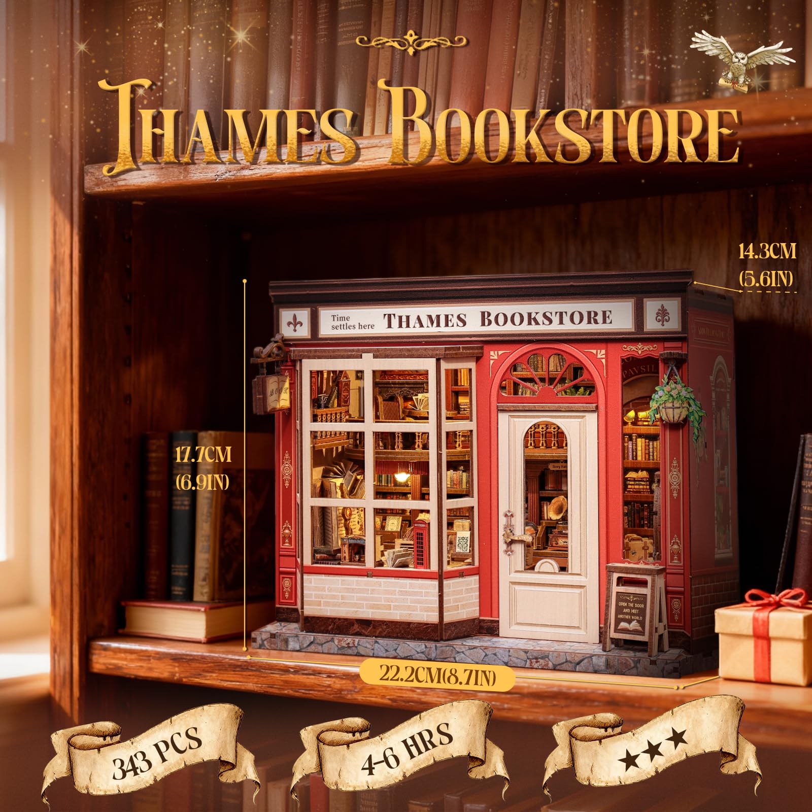 CUTEBEE Thames Bookstore Kit interior shelves reveal a detailed miniature library for display.