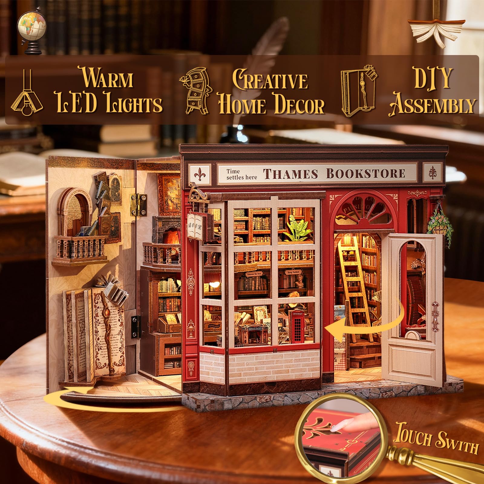 CUTEBEE Thames Bookstore Kit LED lighting enhances nighttime display and ambience.
