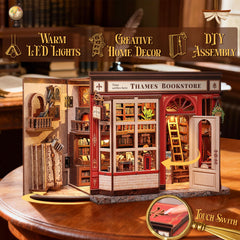 CUTEBEE Thames Bookstore Kit LED lighting enhances nighttime display and ambience.