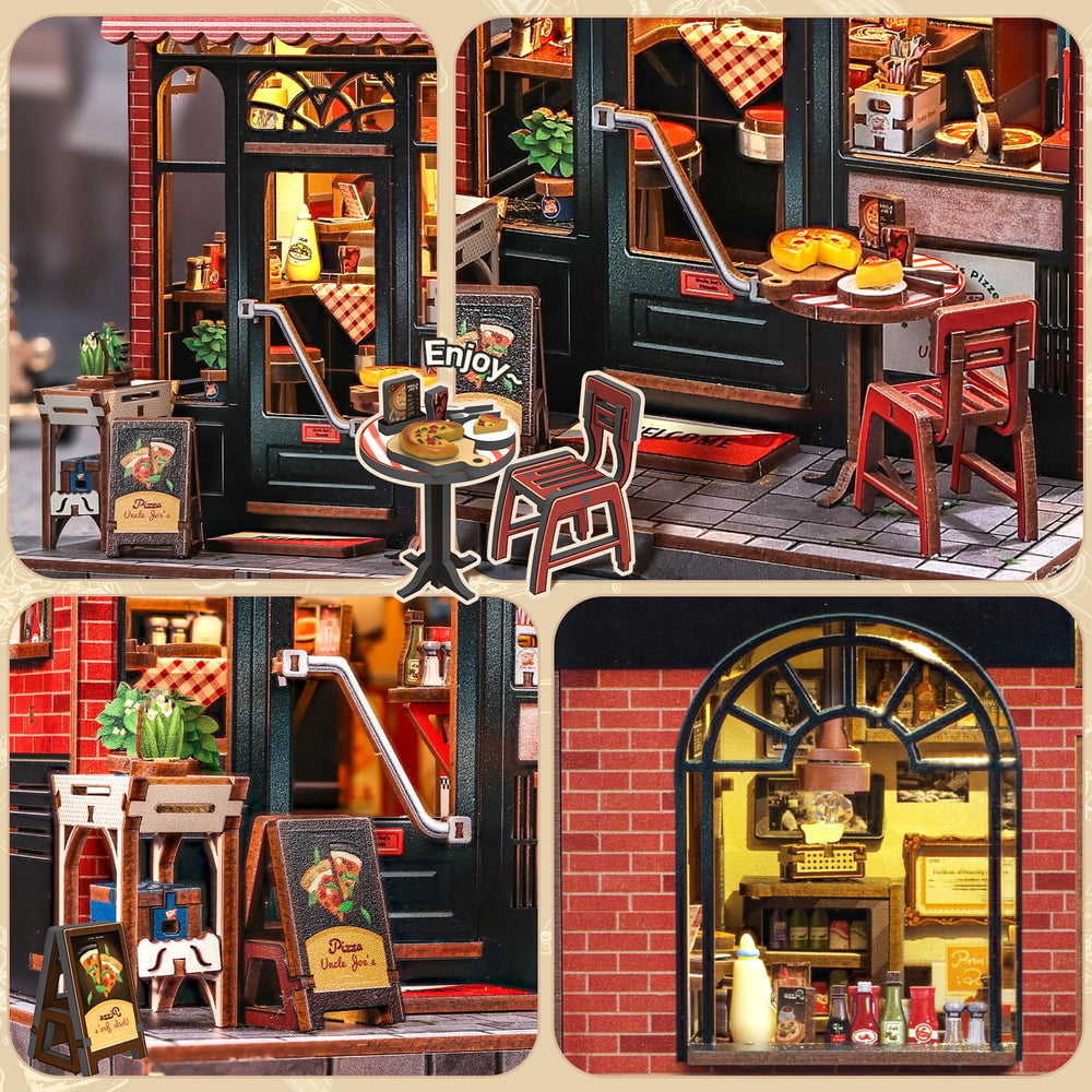 Warm yellow lighting highlights textures in the book nook display