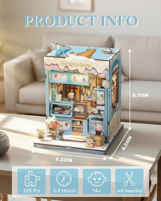 Cutefun Bella's Ice Cream Book Nook Kit LED-light adds cozy mood for shelf decor.