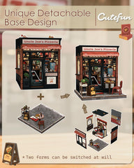 Cutefun book nook shows detailed pizza counter for retro vibes.