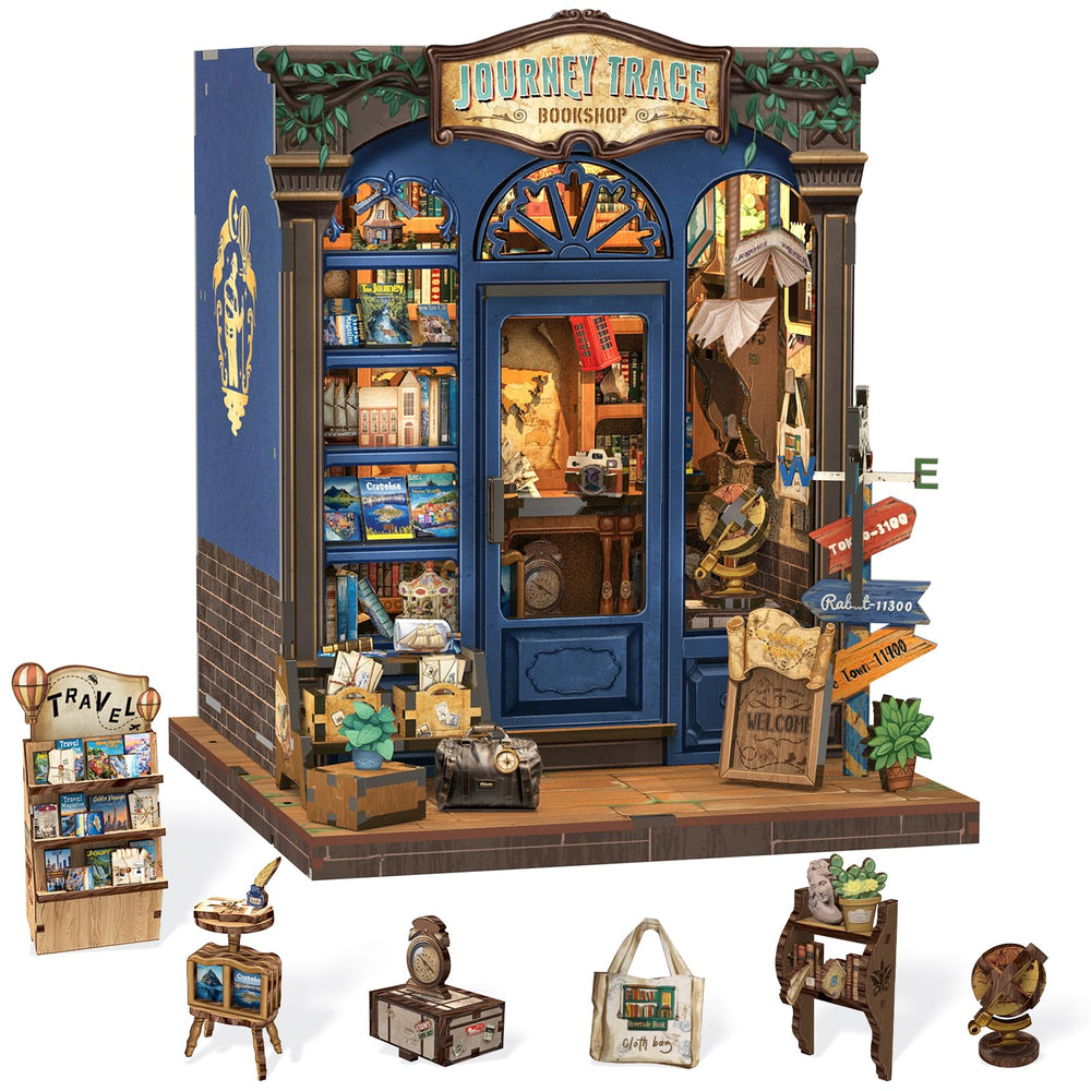 Cutefun Book Nook Journey Trace store sign enhances shelf decor with travel vibes.