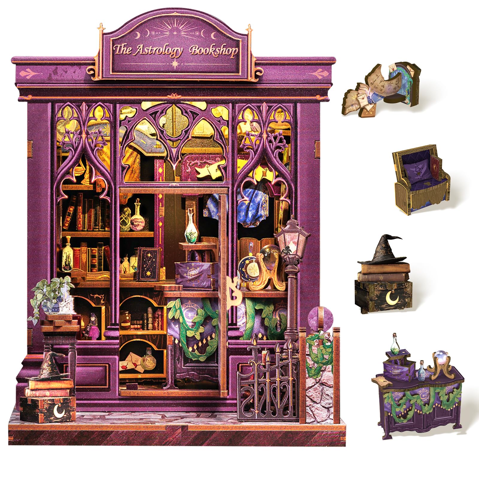 Cutefun Book Nook Kit with LED glow for a cozy astrology bookshelf display.