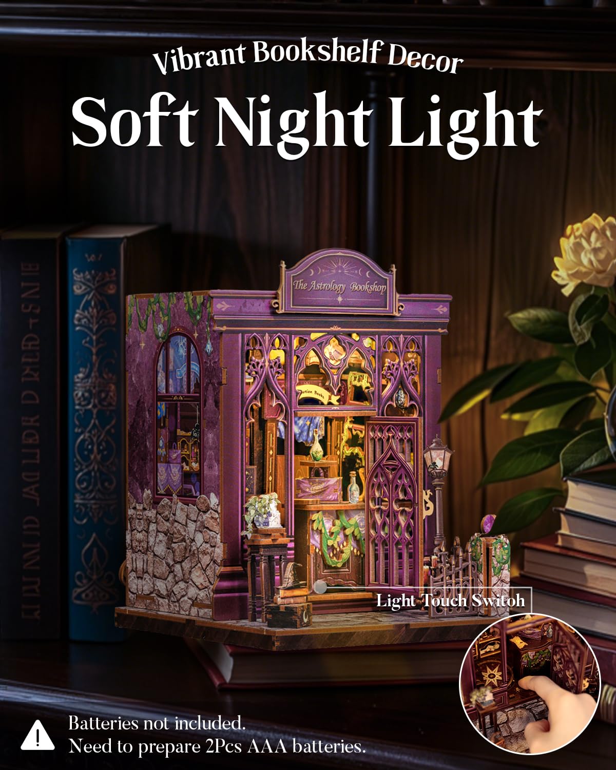 Cutefun book nook astrology shelf decor under warm light for relaxing spaces.