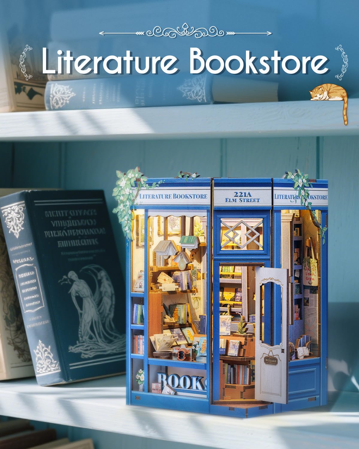 Cutefun Book Nook Kit blue-white tone design adds calm, elegant library vibes