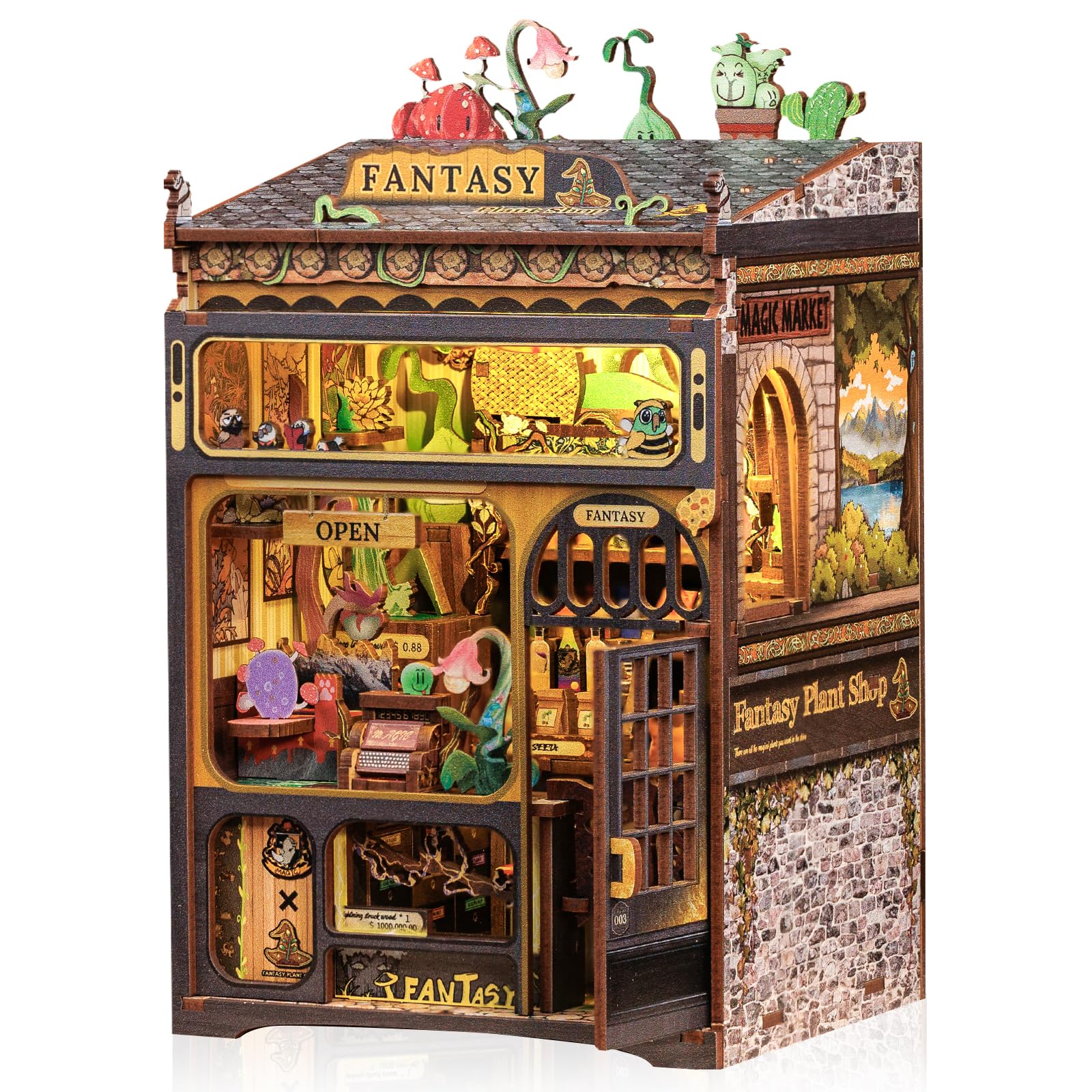 Cutefun Book Nook Kit front view highlights a fantasy plant shop for shelves
