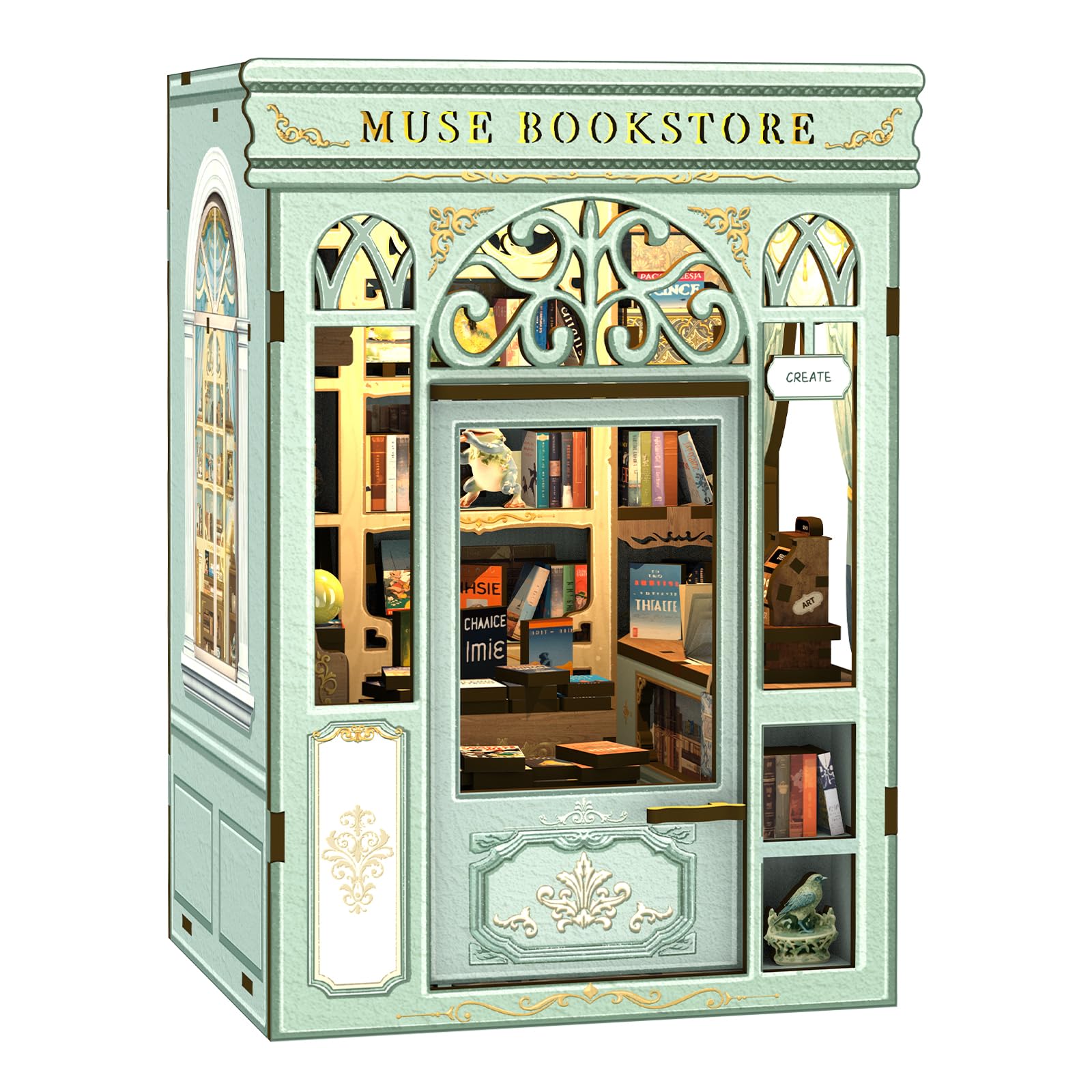 Cutefun Book Nook Kit Muse Bookstore on display enhances bookshelf charm and reading mood.