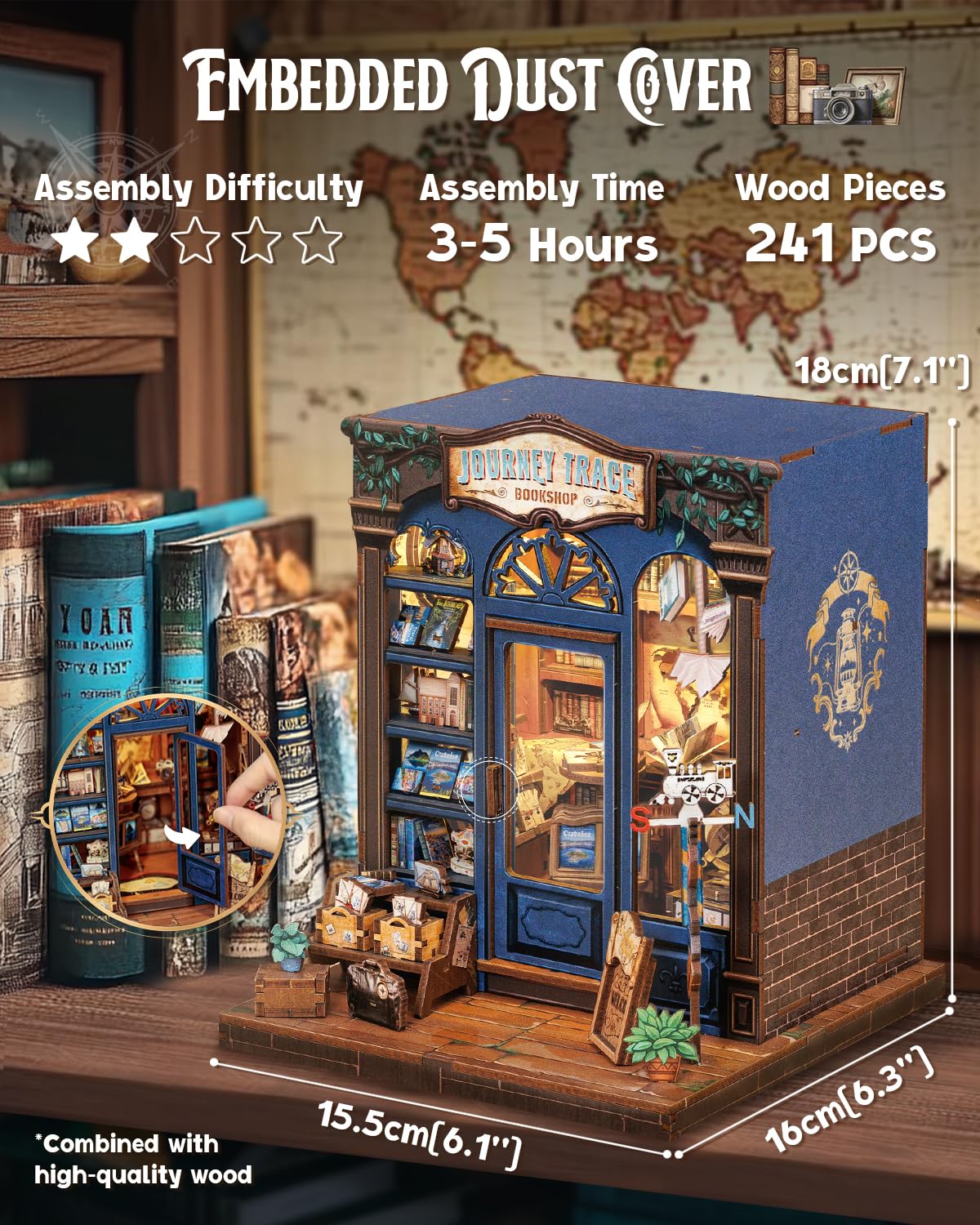 Cutefun Book Nook travel books and souvenirs showcase cozy storytelling on a shelf.
