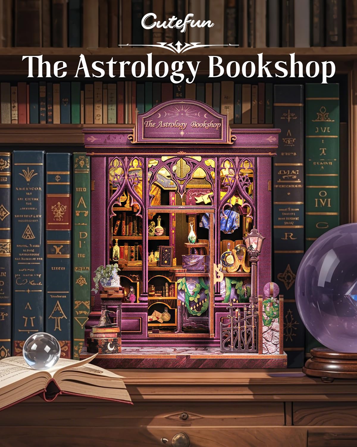 Cutefun astrology bookshop mini scene with 3D puzzle pieces for mindful crafting.