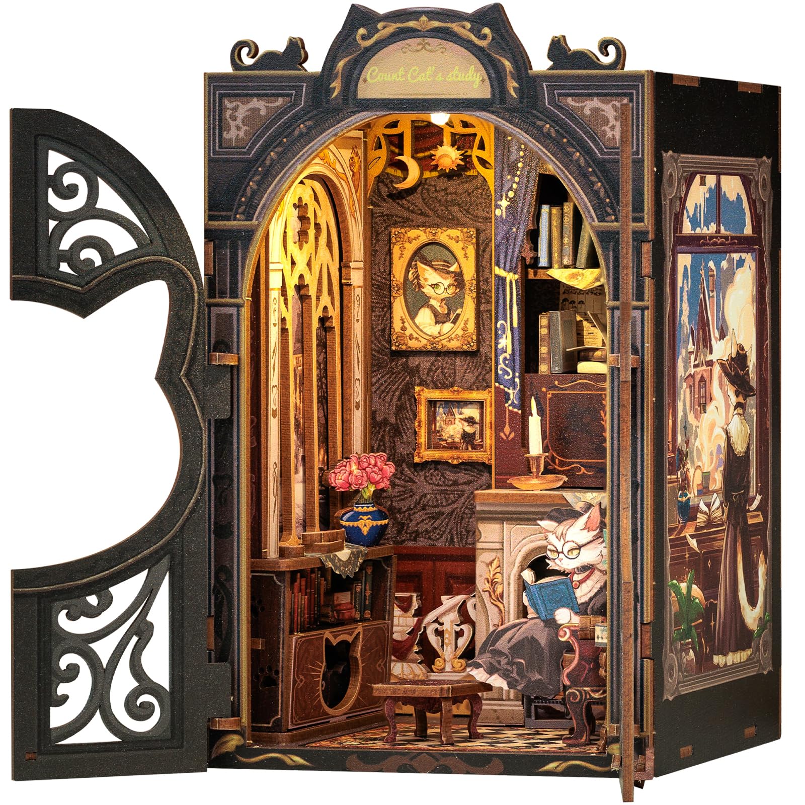 Cutefun Count Cat's Study book nook front view, adds cozy reading corner on a shelf