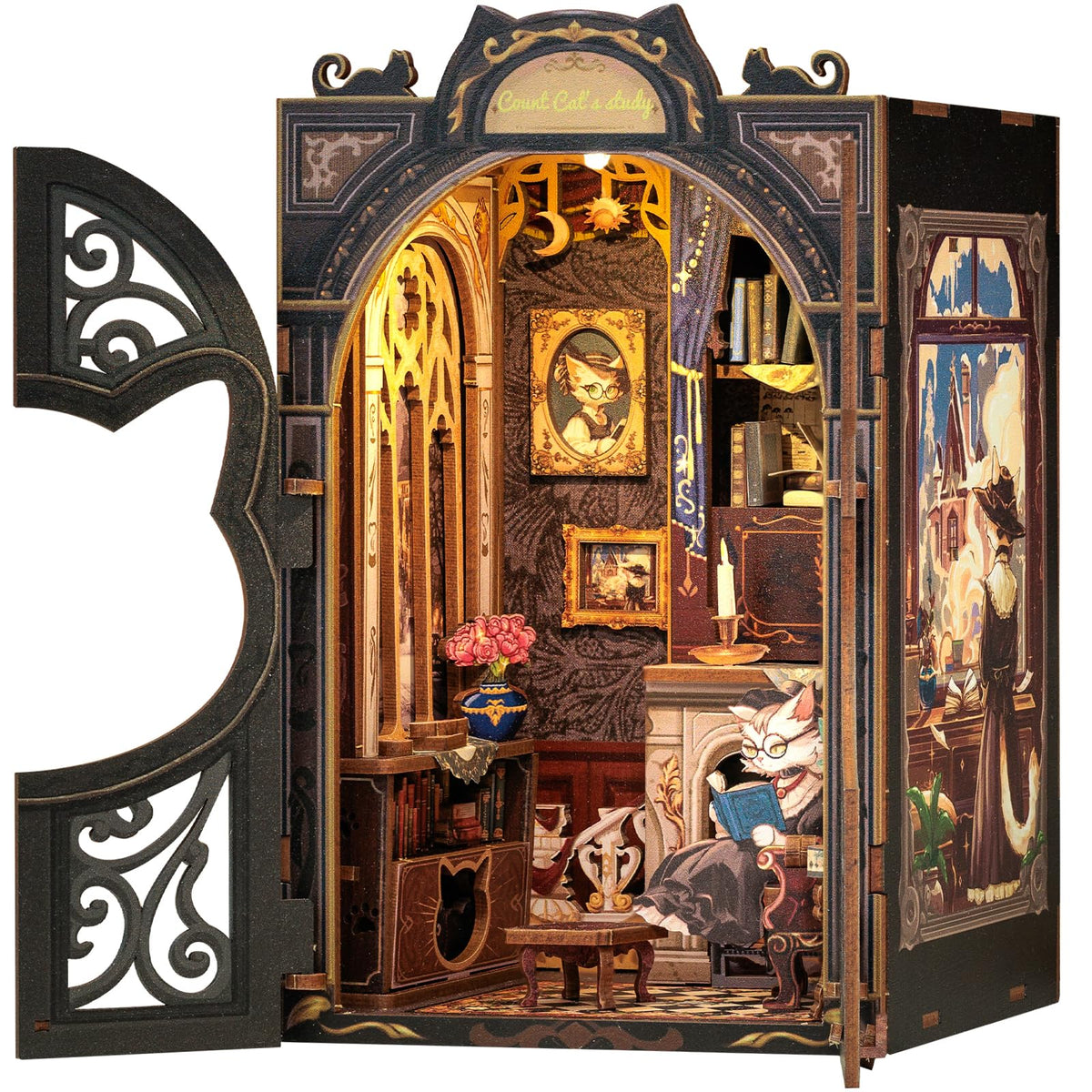 Cutefun Count Cat's Study book nook front view, adds cozy reading corner on a shelf