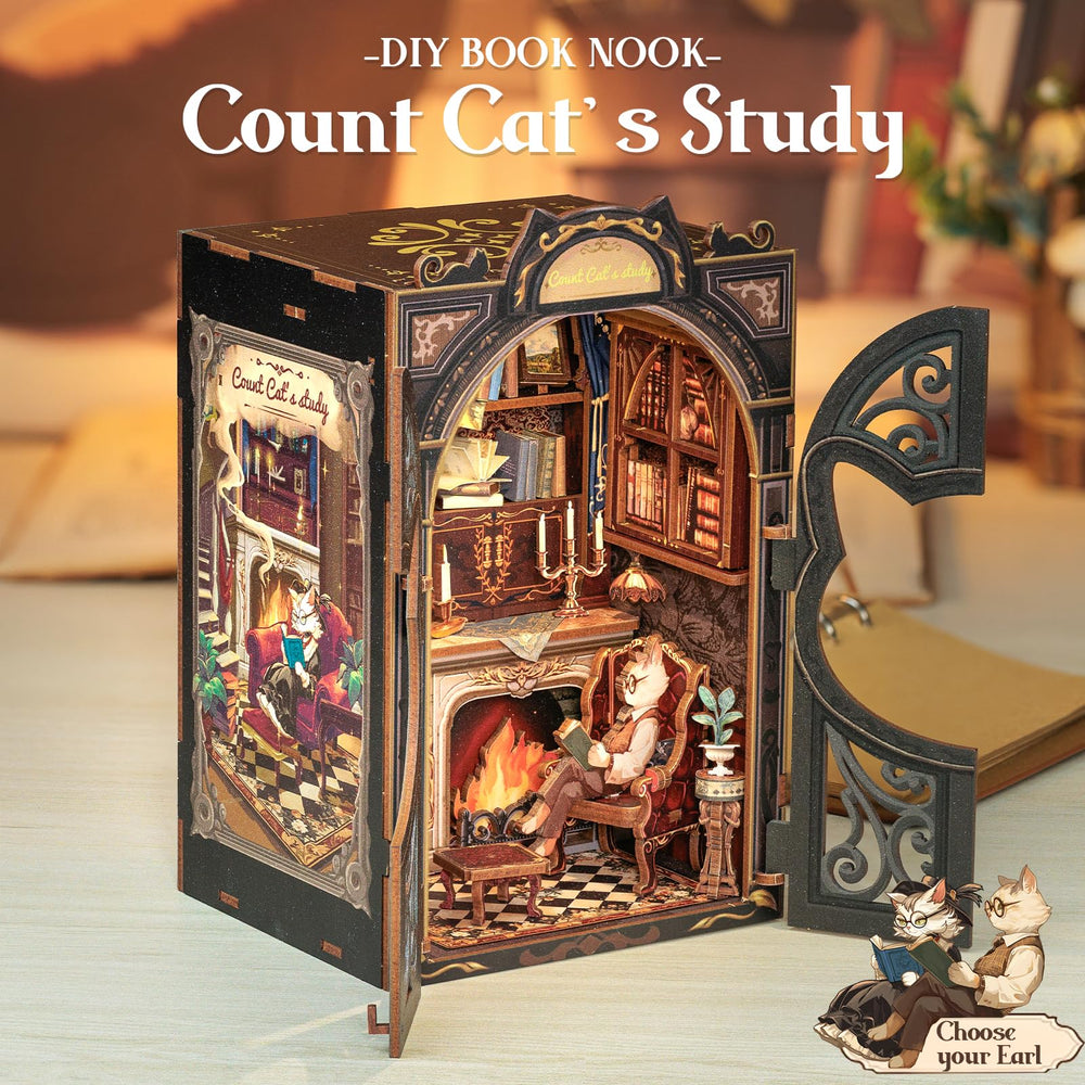 Cutefun Count Cat's Study interior details reveal tiny library ambiance for desks