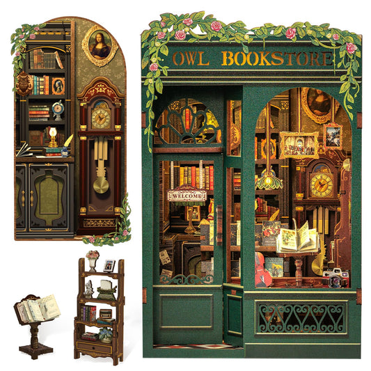 Cutefun Owl Bookstore shelves glow with tiny books for cozy shelf decor
