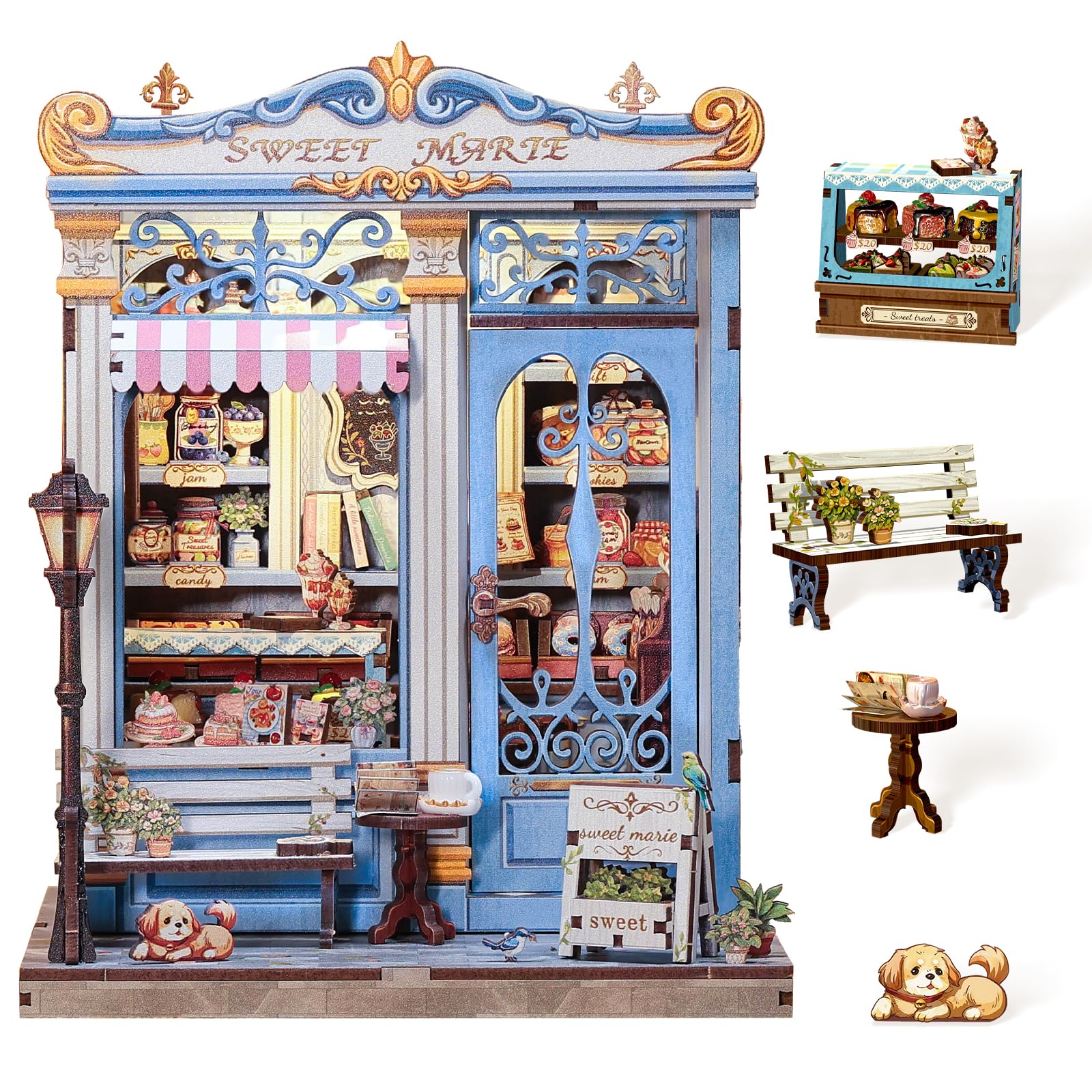 Cutefun Sweet Marie Book Nook Kit front view with an illuminated miniature house.