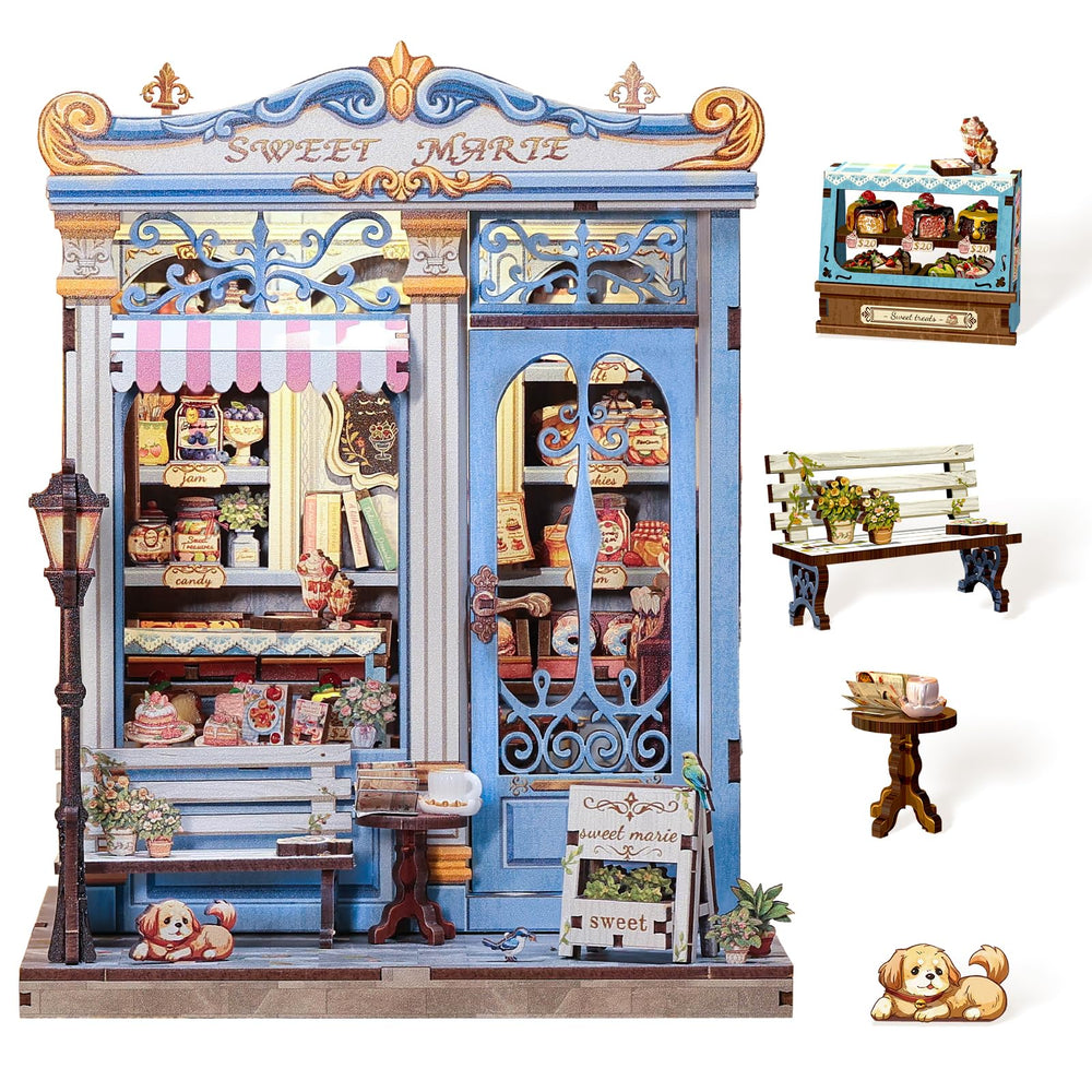 Cutefun Sweet Marie Book Nook Kit front view with an illuminated miniature house.